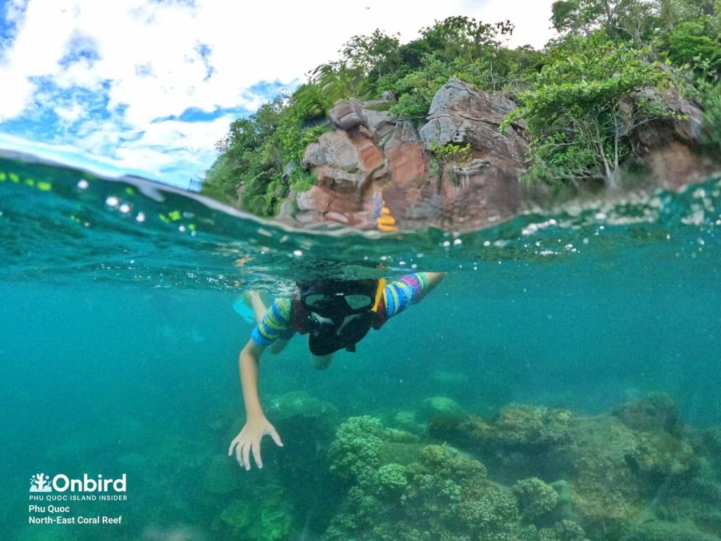 Little kid enjoy his first snorkeling in North-east coral reef, Phu Quoc Island, Vietnam