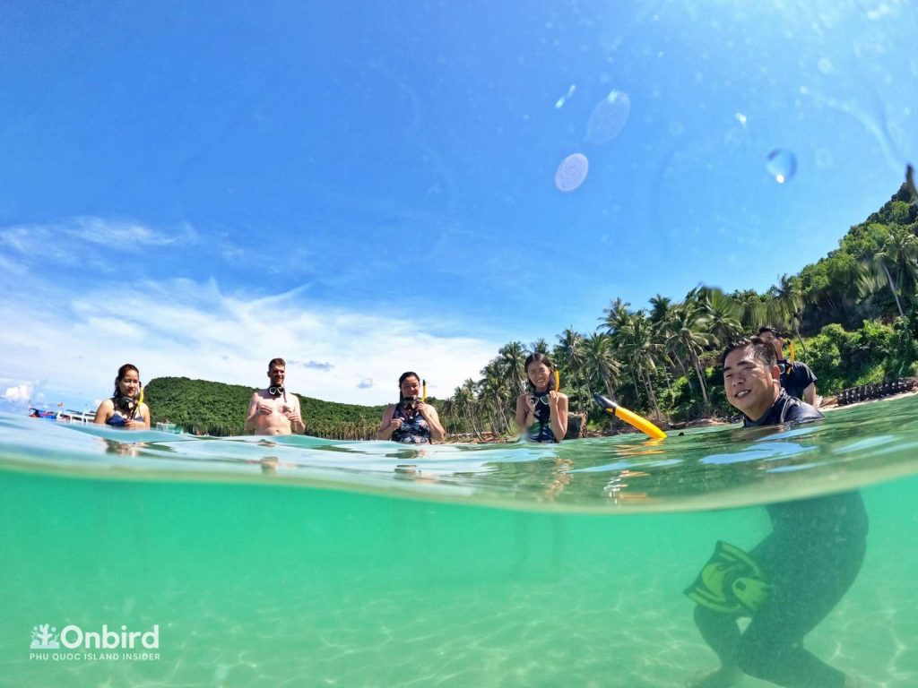 6 guests standing around the guide to listen to safety guides and snorkeling skill revives