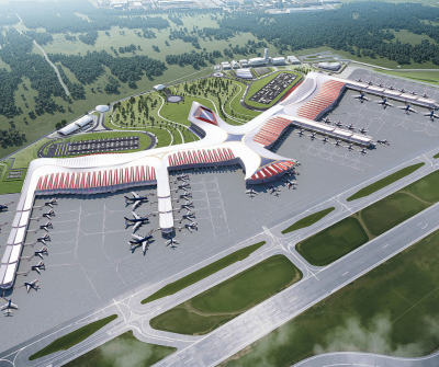 Architectural rendering of the modern Phu Quoc International Airport Terminal 2, featuring multiple terminals and runways, uniquely designed like a bird's outstretched wings.