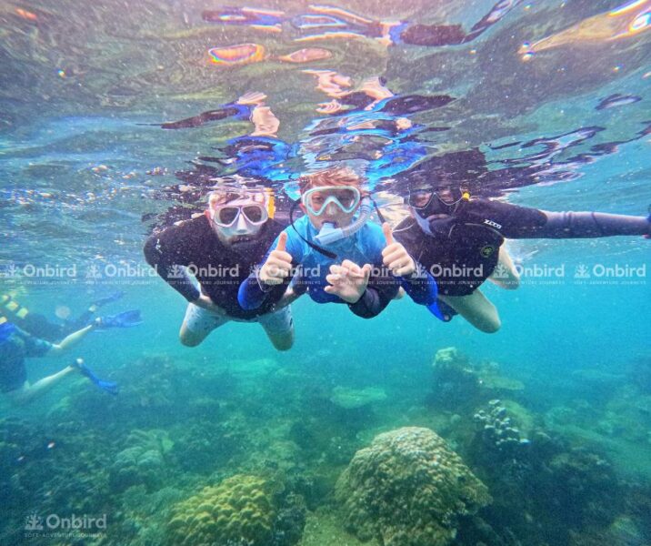 A family of three snorkeling, giving thumbs-up to show their enjoyment while exploring coral reefs in Phu Quoc.
