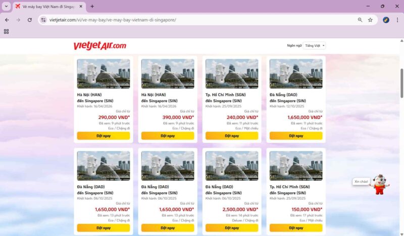 VietJet hiện đang khai thác nhiều chuyến bay thẳng đến Singapore từ các thành phố lớn khác như Hà Nội, Hồ Chí Minh và Đà Nẵng.