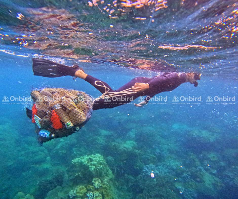 Các HLV tại OnBird luôn mang theo mình lưới thu gom rác để dọn dẹp tại rạn san hô nếu có bắt gặp